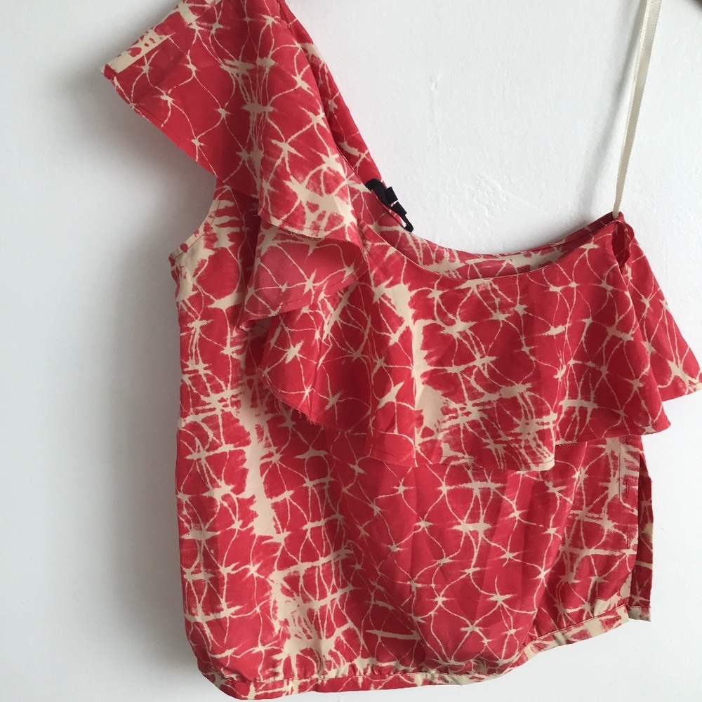 GRYPHON 100% SILK BLOUSE RED SHIRRED ONE SHOULDER RUFFLE FESTIVAL COACHELLA XS